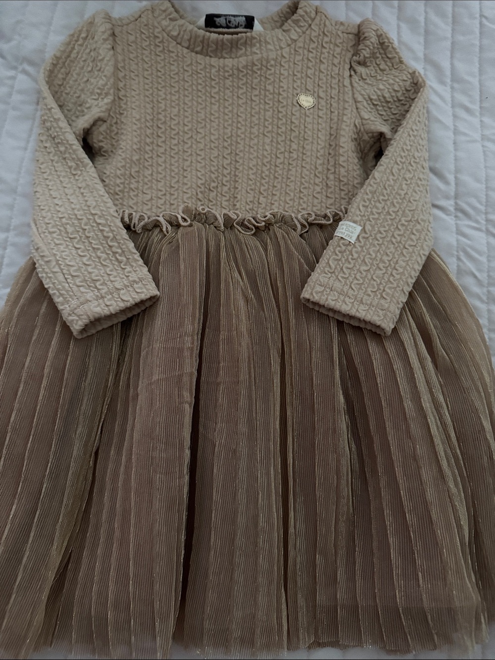 Girls Cream Knit Bodice with Taupe Tulle Skirt Dress